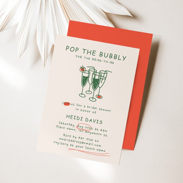 Convite Pop Vermelho e Verde Retroativo O Chá de panela Bo (Retro Green & Red Pop The Bubbly Bridal Shower Invitation)