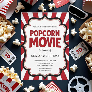Convite Popcorn Movie Night Birthday   Partido Red Theater