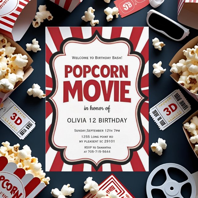Convite Popcorn Movie Night Birthday | Partido Red Theater (Criador carregado)