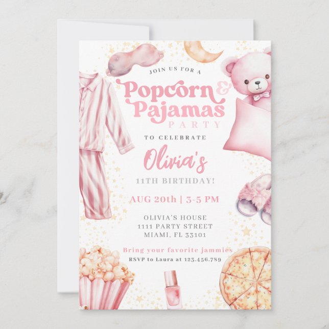 Convite Popcorn Pajamas Sleepover Sumber Party Aniversário (Frente)