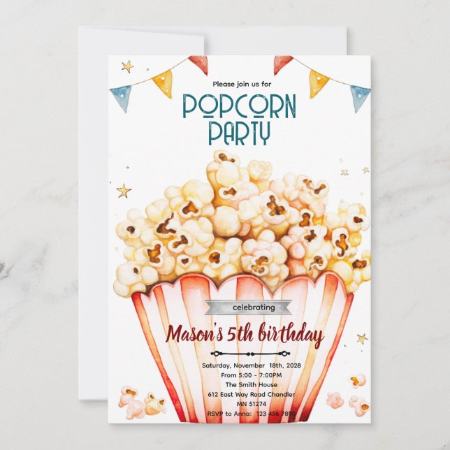 Convite Popcorn party theme invitation (Frente)