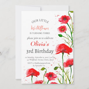 Convite Poppies 3º Aniversário Rapariga Vermelha