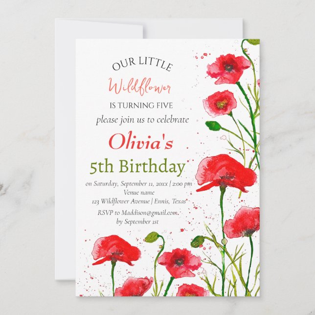Convite Poppies 5 Birthday Rapariga Vermelha Floral Poppy (Frente)