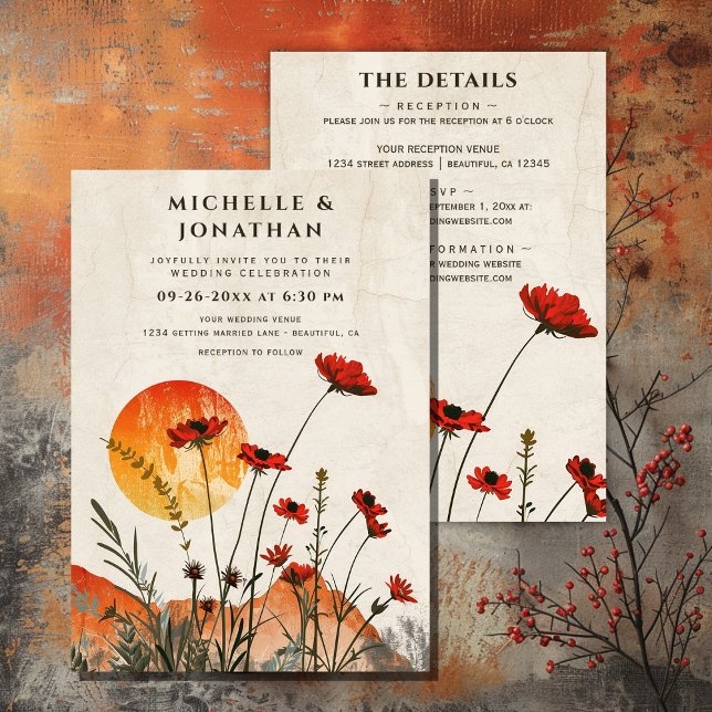 Convite Poppies Boho Wildflower Sunset Tudo em Um Casament (Poppies Boho Wildflowers Sunset All in One Wedding Invitation)