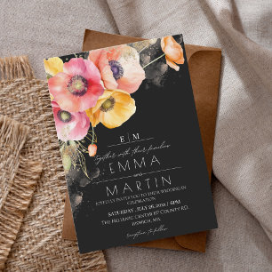 Convite Poppies Floral Red & Black Dourado Casamento