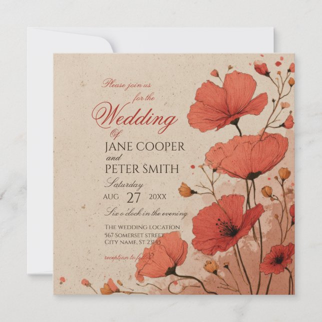 Convite Poppies floral Wedding Invitation (Frente)