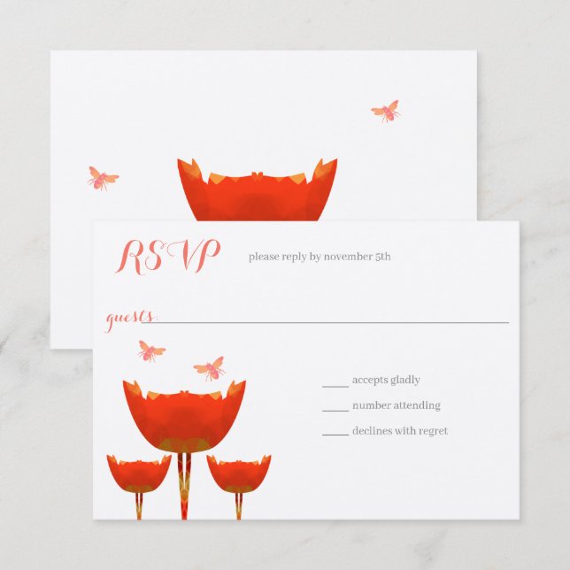 Convite Poppies Laranja & Abelhas Casamento (Frente/Verso)