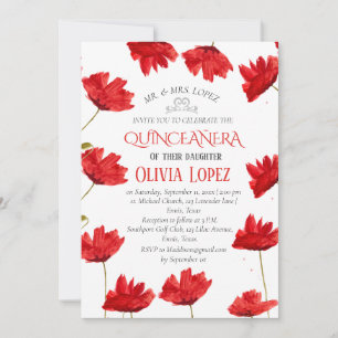 Convite Poppies Modernos Quinceañera Red Floral Aniversári