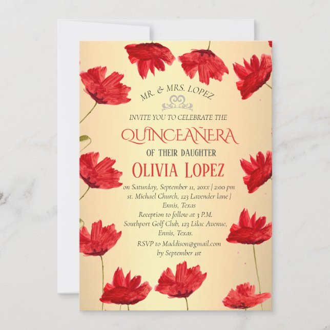 Convite Poppies Modernos Quinceañera Red Floral Aniversári (Frente)