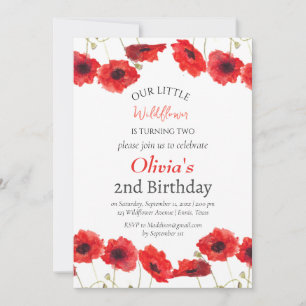 Convite Poppies segundo 2º Aniversário Rapariga Vermelha