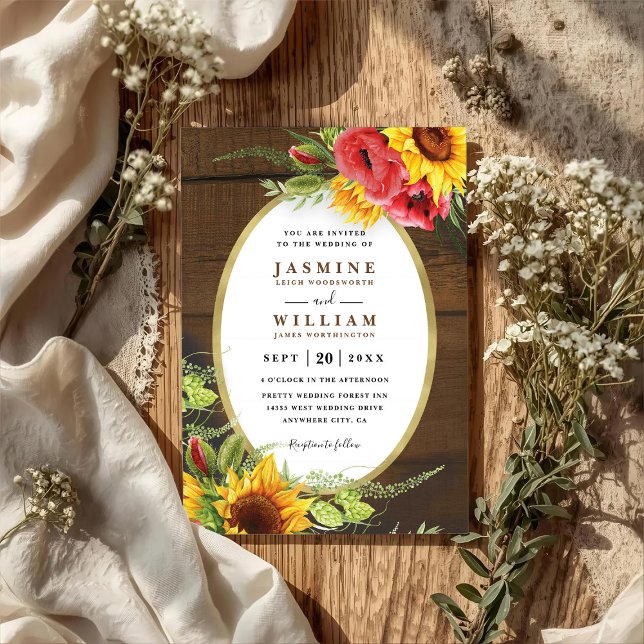Convite Poppies Sunflowers Rustic Elegant QR Code Wedding (Criador carregado)