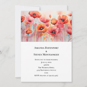 Convite Poppies Vermelhas em um Campo Aquarela Casamento