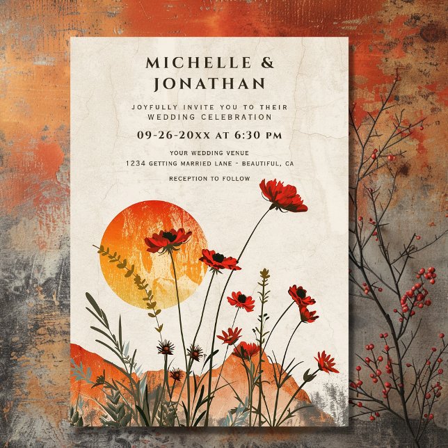 Convite Poppies Vermelhos Simples Boho Flores Selvagens (Front - Simple Red Poppies Boho Wildflowers Sunset Wedding Invitation)