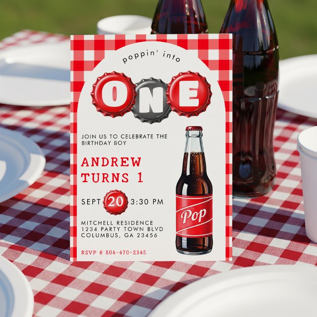 Convite Poppin Em Um Partido Xadrez Vermelho primeiro aniv (Poppin Into One Soda Plaid Red 1st Birthday Party Invitation
)