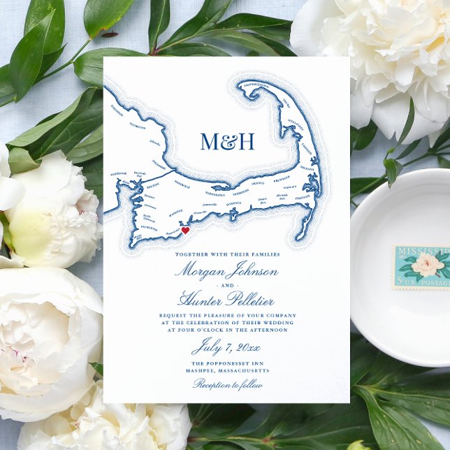 Convite Popponesset Inn Cape Cod Map Casamento Elegante (Cape Cod Map Invitation with heart over Popponessett Inn - you can move the heart!)