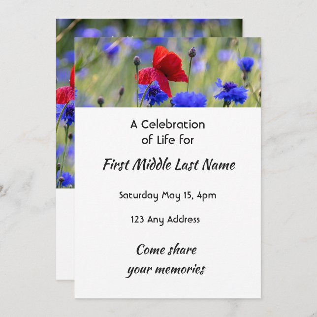 Convite Poppy Cornflower Meadow  Memorial Pocket Keepsake (Frente/Verso)