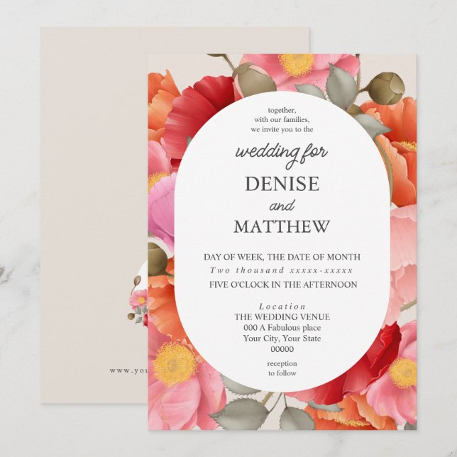 Convite Poppý de Aquarela em Fundo Bege Cameo (Frente/Verso)