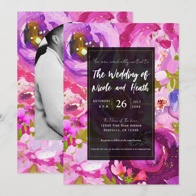Convite Pops de Rosa e Roxo Casamento Floral Vibrante (Frente/Verso)