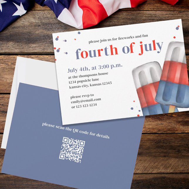 Convite Popsicles Personalizados No Quarto De Julho (Fourth of July party invitation with red, white, and blue popsicles. )