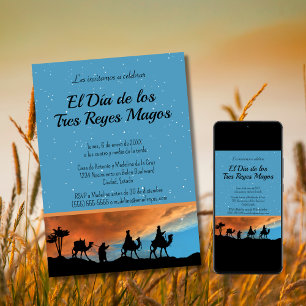 Convite Pôr do Sol Azul Claro Espanhol Três Reis Natal