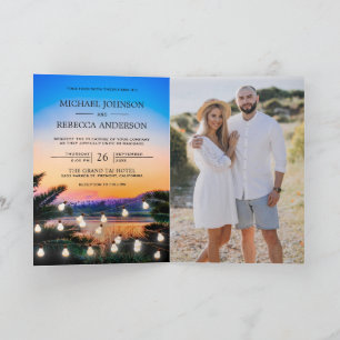 Convite Pôr do Sol Tropical na Praia Luzes Foto Código QR