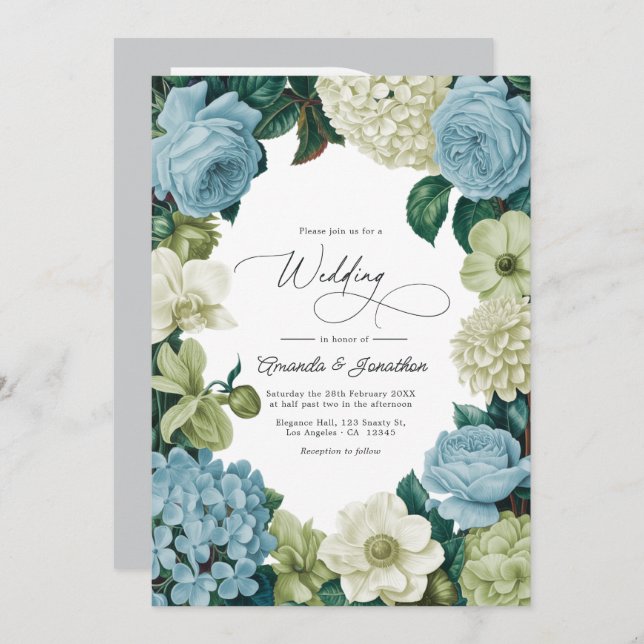 Convite Porcelain Blue, Soft Sage & Ivory Wedding (Frente/Verso)