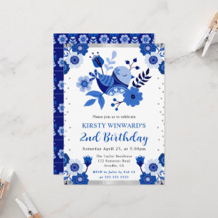 Convite Porcelana Floral Pássaro Aniversário Aquarela