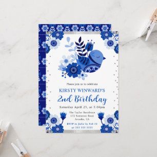 Convite Porcelana Floral Pássaro Aniversário Aquarela