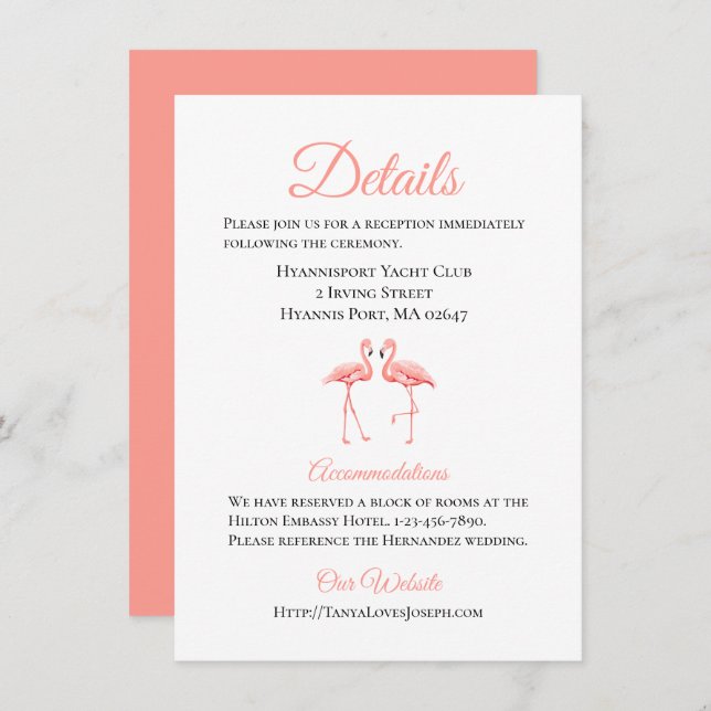 Convite Pormenores do Casamento Tropical Rosa Flamingo Bea (Frente/Verso)