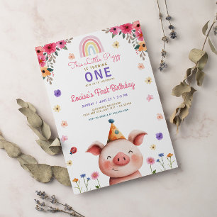 Convite Porquinha Fofa Rosa Floral Verde Aniversário