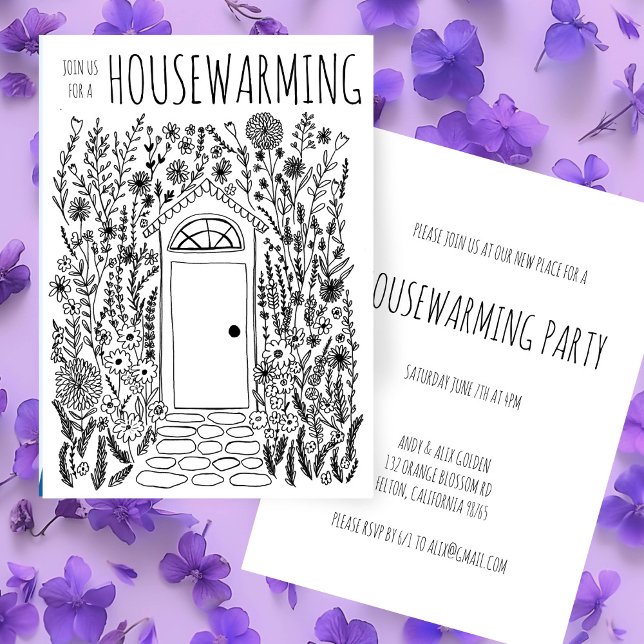 Convite Porta do Jardim do HABITANTE (HOUSEWARMING PARTY Garden Door Hand Drawn Doodle Invitation Black and White line art
)