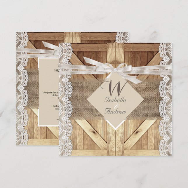 Convite Porta Rústica Casamento Bege Branco Renda Madeira  (Frente/Verso)