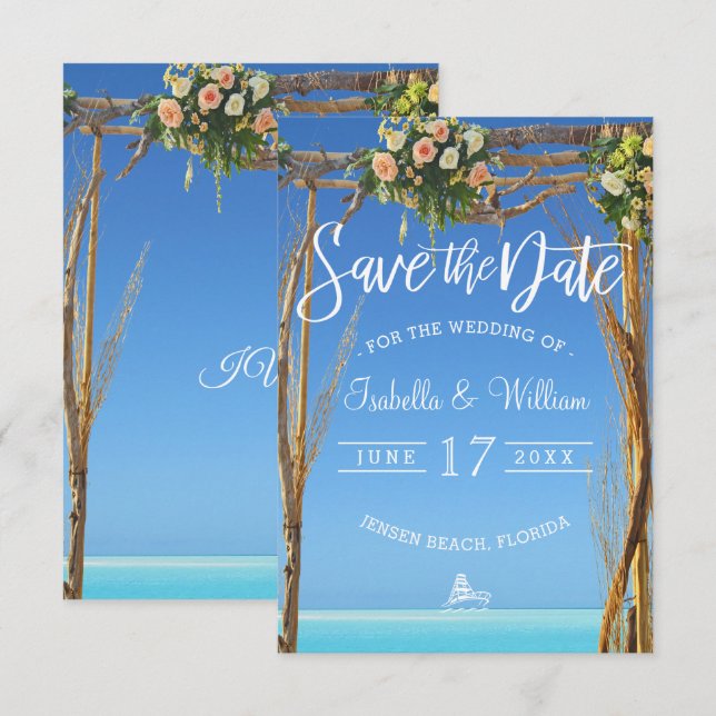 Convite Portão de Casamento de Verão Floral na Praia Salve (Frente/Verso)
