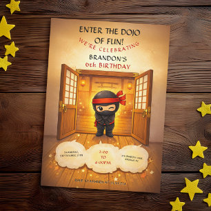 Convite Portas de Madeira Dojo Ninja Preto Fofo Aniversári