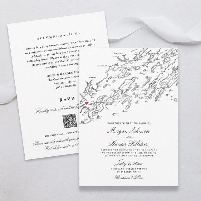 Convite Portland Maine All-in-One QR code RSVP Wedding (Elegant Portland Maine All In One QR Code RSVP wedding invitations in black and white )
