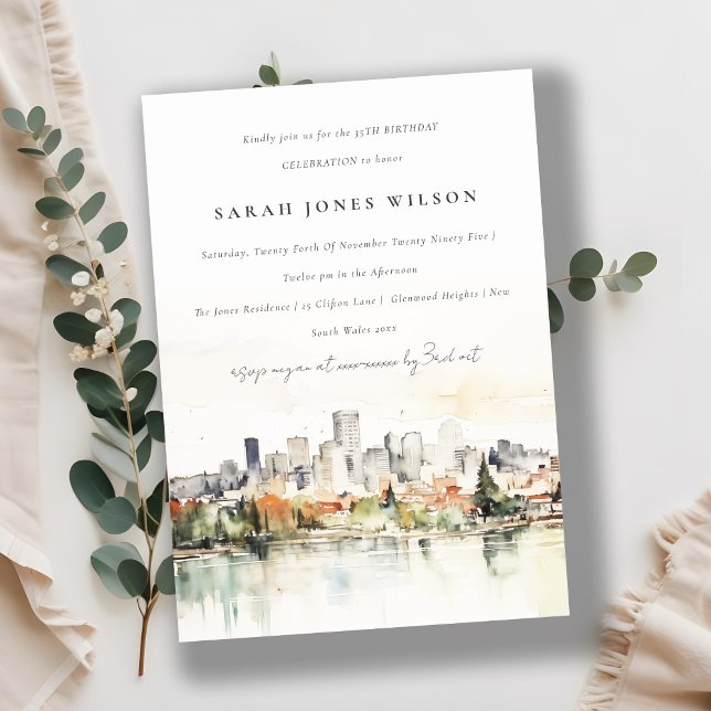 Convite Portland Oregon City Scape Watercolor Aniversário (Criador carregado)
