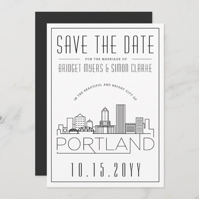 Convite Portland Wedding | Skyline Estilizado Salvar a Dat (Frente/Verso)
