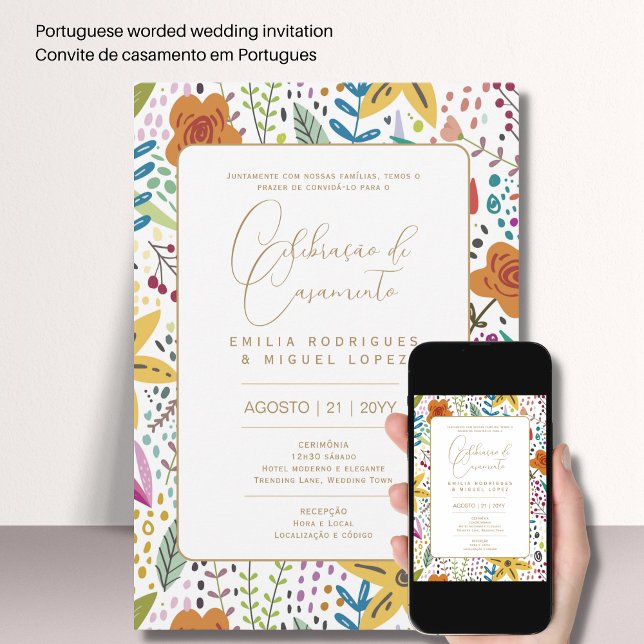 Convite Português | Casamento Floral Folkart Rústico Inv (Criador carregado)