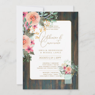 Convite Português   Casamento Flores Folclóricas Rústica