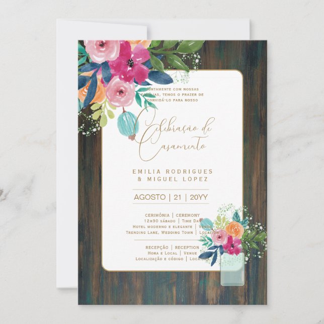 Convite Português | Casamento Flores Folclóricas Rústica (Frente)
