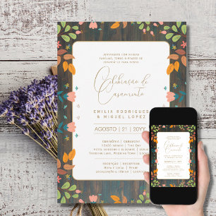 Convite Português   Casamento Flores Folclóricas Rústica