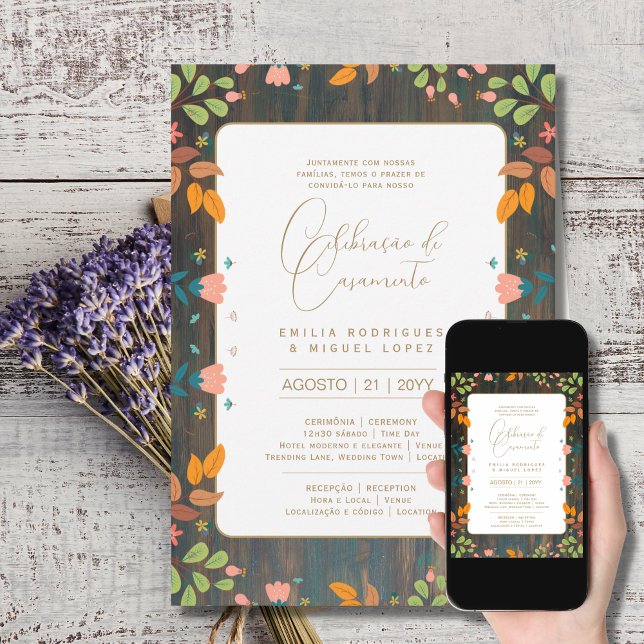 Convite Português | Casamento Flores Folclóricas Rústica (Criador carregado)