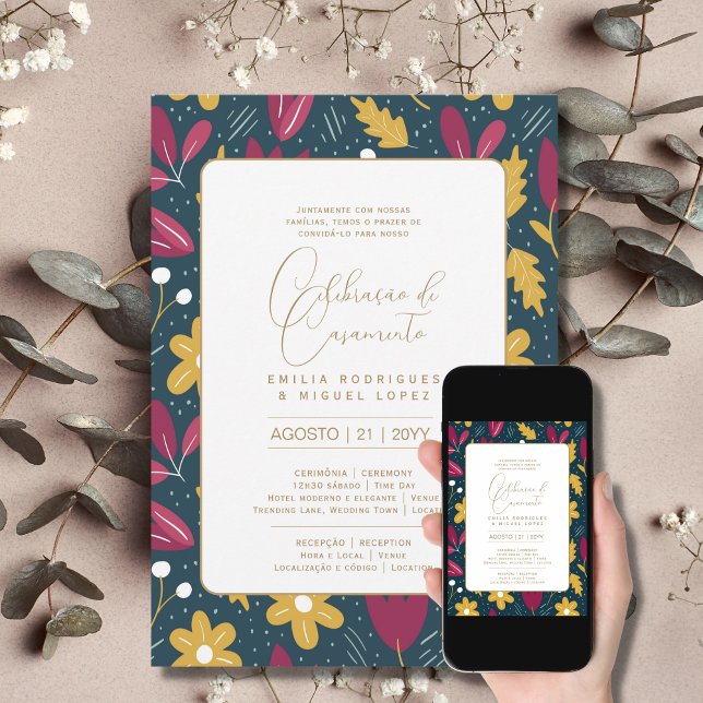 Convite Português | Casamento Flores Folclóricas Rústica (Criador carregado)