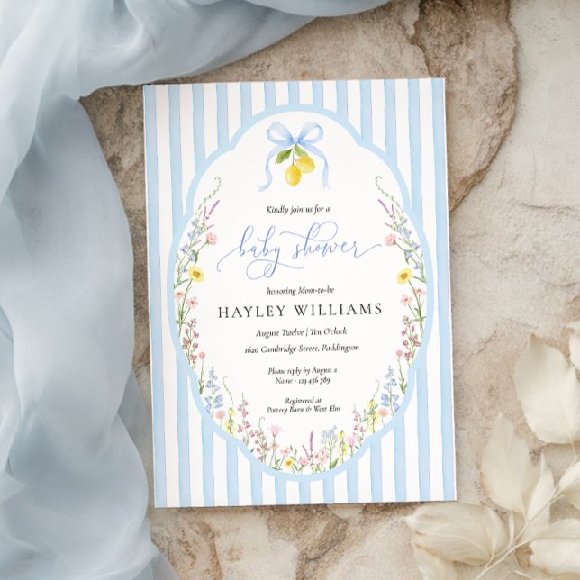 Convite Posey Wildflower Blue Bow Baby Shower Invitation (Criador carregado)