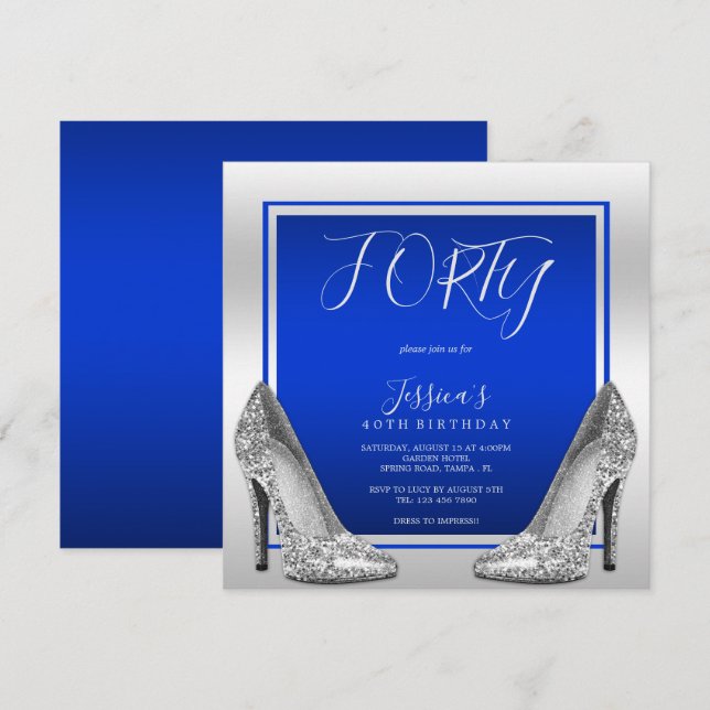 Convite Posh Blue & Silver Stilettos aniversário de 40 ano (Frente/Verso)