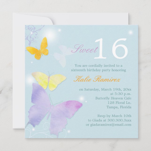 Convite Posh Butterfly Pale Blue Sweet 16 Party (Frente)