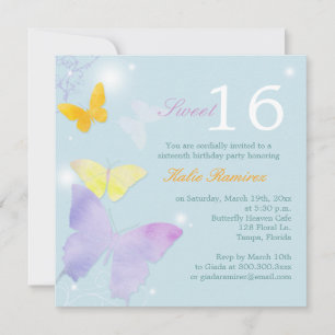 Convite Posh Butterfly Pale Blue Sweet 16 Party