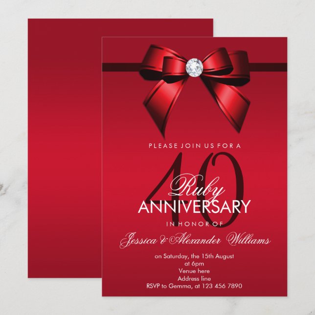Convite Posh Gem Bow & Ribbon 40º Aniversário de Casamento (Frente/Verso)