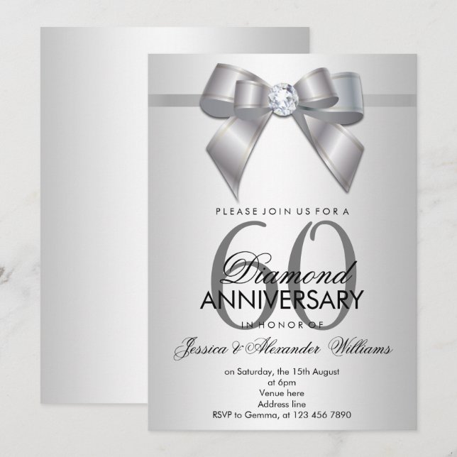 Convite Posh Gem Bow & Ribbon 60º Aniversário de Casamento (Frente/Verso)