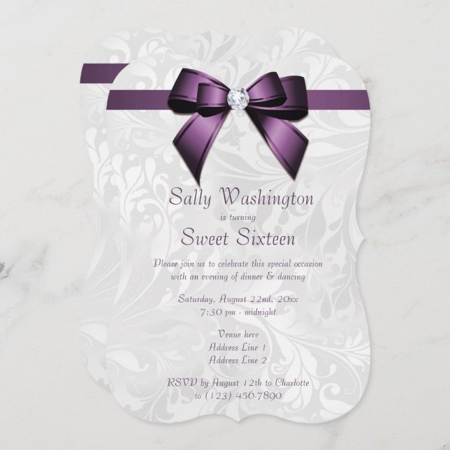 Convite Posh Purple Diamond Arco & Damask Sweet 16 (Frente/Verso)